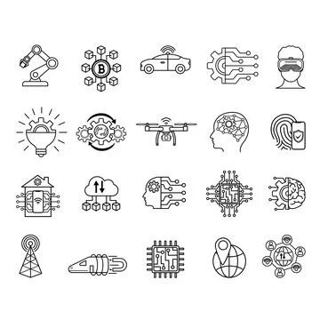Technology Icons Set. Vector Icons of Geolocation, Virtual Reality, Blockch.. Stock Illustration