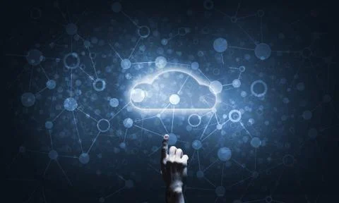 Technology idea concept with glowing cloud icon and touching it finger Stock Illustration