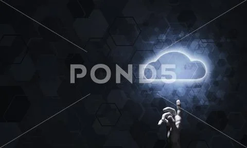 Technology idea concept with glowing cloud icon and touching it Stock Photos