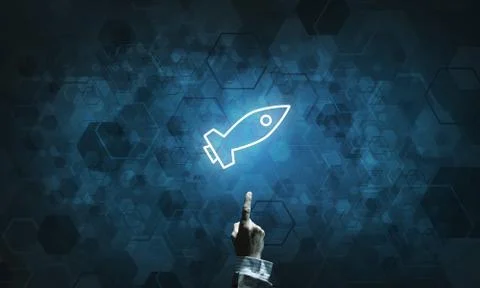 Technology idea concept with glowing rocket icon and touching it finger Stock Photos