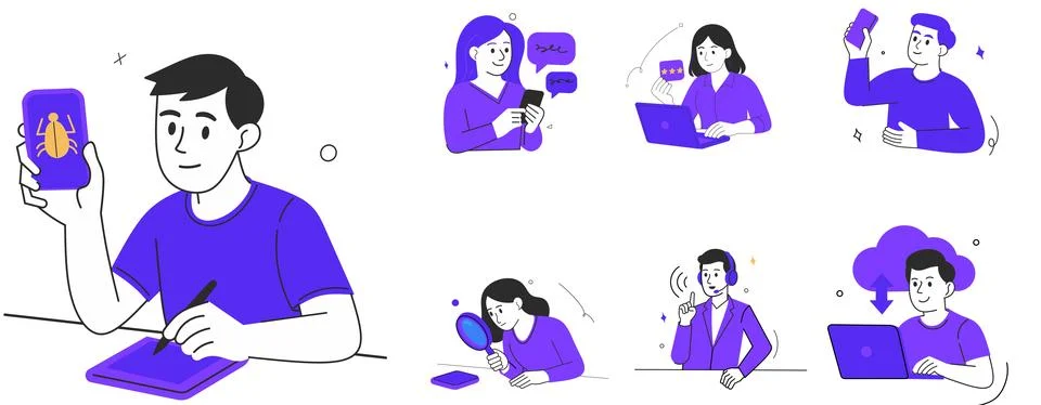 Technology Illustration Set Mobile Bug Report, Cloud Sync and Customer Support Stock Illustration