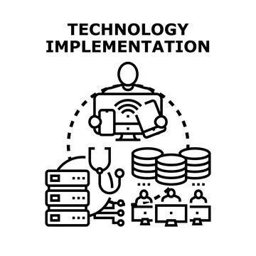 Technology implementation concept with data management and it solutions Illustrazione stock