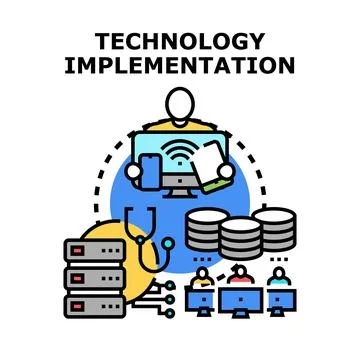 Technology implementation concept with data management and it solutions Illustrazione stock