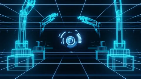 Technology Industrial 4.0 concept animation Robotic arm and hud hologram 3D r Stock Footage 158218719