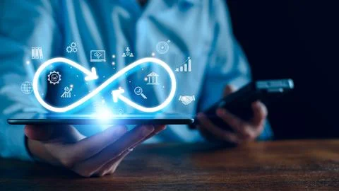 Technology infinity data link concept, Businessman Hands holding virtual infi Stock Photos