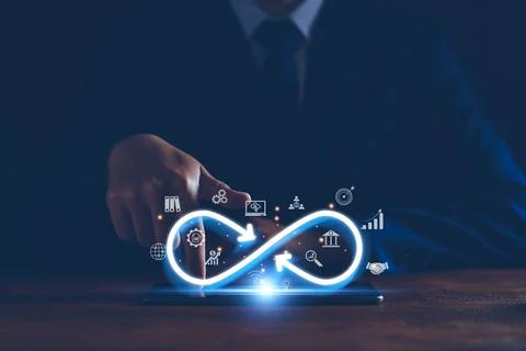 Technology infinity data link concept, Businessman Hands holding virtual infi Stock Photos