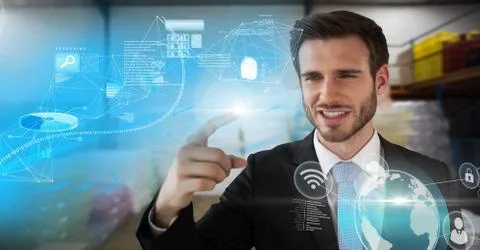 Technology information interface and Businessman touching air in storage room 写真素材