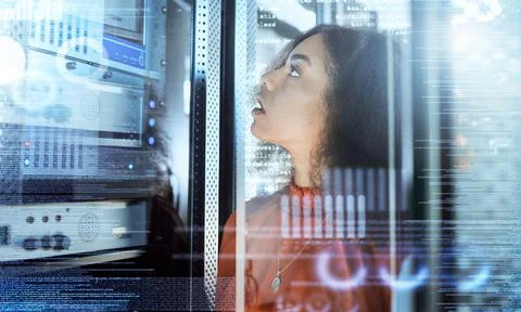 Technology, information technology and black woman check server for error Stock Photos