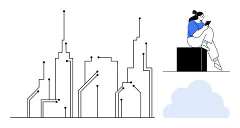 Technology-infused skyscrapers with circuit patterns, person sitting on a blo Illustrazione stock