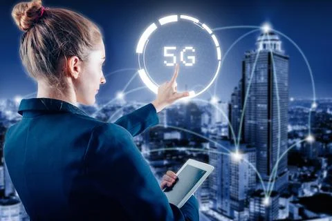 Technology Innovation 5G Networking System Concept, Business Woman Pressing 5 Stock Photos