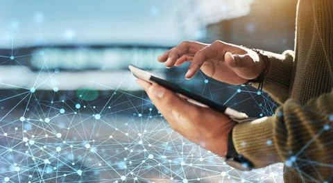 Technology, innovation with hands and tablet, digital transformation with person 스톡 사진