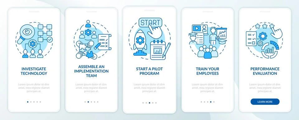 Technology integration steps onboarding mobile app page screen Stock Illustration