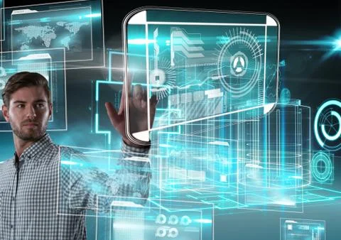 Technology interface and Businessman touching air in front of 3D building Fotos Stock