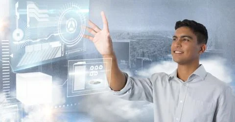 Technology interface and Businessman touching air in front of city Stock Photos