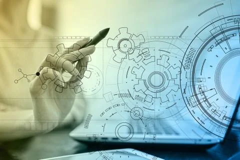 Technology interface background with gears draft. Engineering, Business Stock Photos