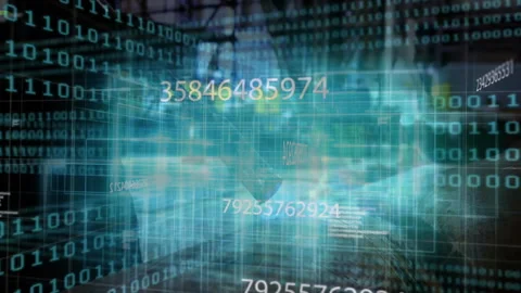 Technology interface displaying grid panels with streaming binary code and Stock Footage 308101088