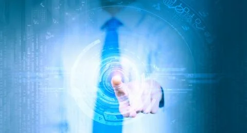 Technology Interface With Finger Touching Futuristic Digital Screen Stock Photos