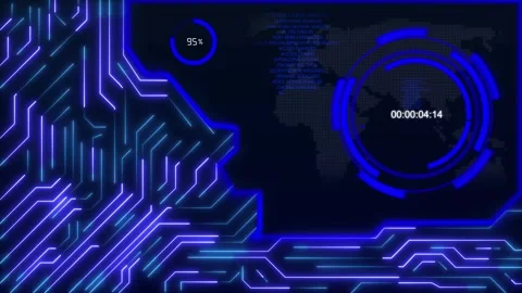 Technology interface HUD animation tracks world map circuitry systems. Inte.. Stock Footage 341128972