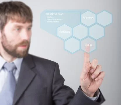 Technology, internet and networking concept - businessman pressing idea button Foto stock