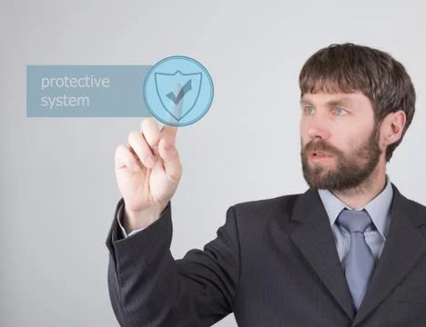 Technology, internet and networking concept - Businessman presses protective Foto stock