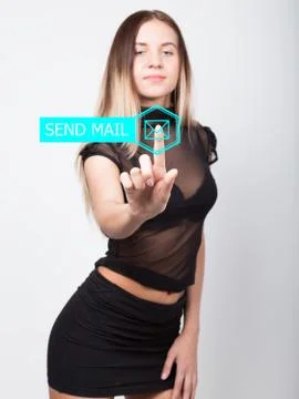 Technology, internet and networking concept. beautiful woman in a short black Stock Photos