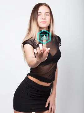Technology, internet and networking concept. beautiful woman in a short black Stock Photos