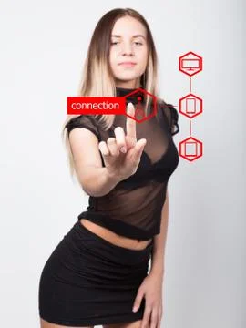 Technology, internet and networking concept. beautiful woman in a short black Photos