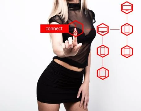 Technology, internet and networking concept. beautiful woman in a short black Stock Photos