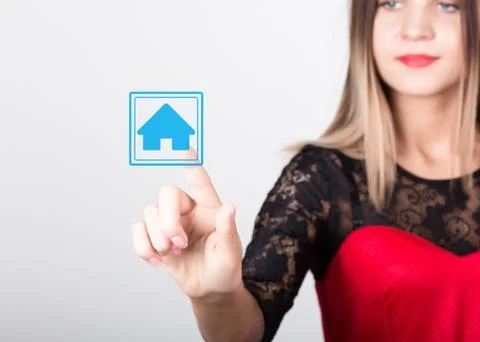 Technology, internet and networking concept. beautiful woman in a red dress with Stock Photos