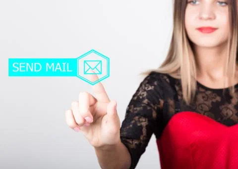 Technology, internet and networking concept. beautiful woman in a red dress with Stock Photos