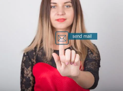 Technology, internet and networking concept. beautiful woman in a red dress with Foto stock