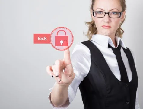 Technology, internet and networking concept. beautiful woman in a black business Stock Photos