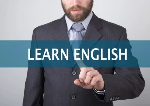 Technology, internet and networking concept - Businessman presses learn english Stock Photos