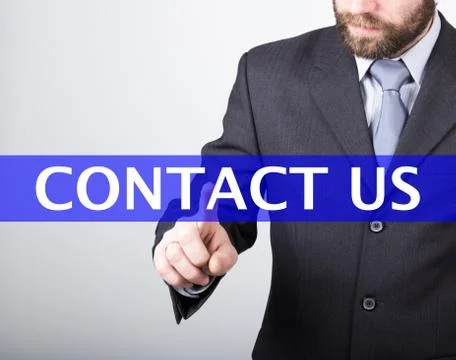 Technology, internet and networking concept - Businessman presses contact us Stockfoto's