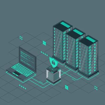 Technology isometric design for quantum computer. Blockchain server concept.. Stock Illustration