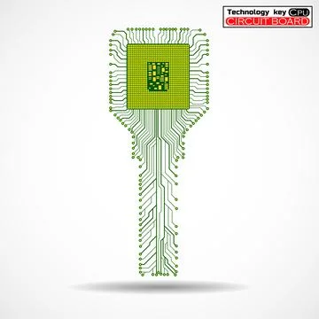 Technology key with circuit board and cpu on white background Stock-Illustration