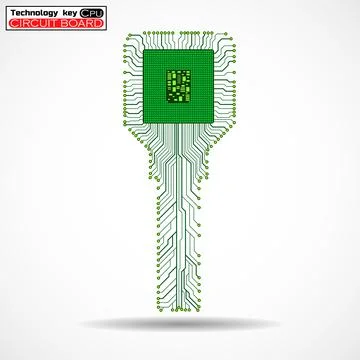 Technology key with circuit board and cpu on white background Stock-Illustration
