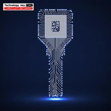 Technology key with glowing circuit board and cpu. Neon symbol Stock-Illustration