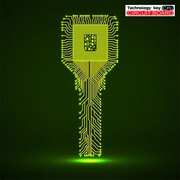 Technology key with glowing circuit board and cpu. Neon symbol Stock Illustration