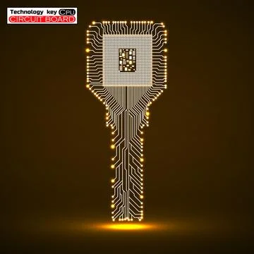 Technology key with glowing circuit board and cpu. Neon symbol Stock-Illustration