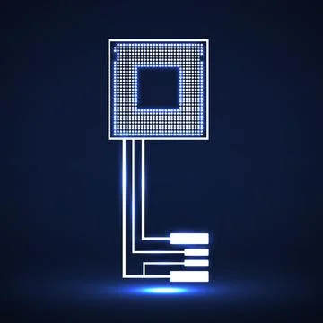 Technology key with glowing circuit board and cpu. Neon symbol. Vector Stock Illustration