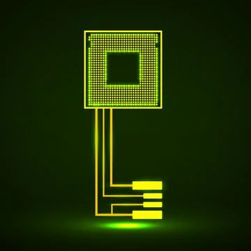 Technology key with glowing circuit board and cpu. Neon symbol. Vector Stock-Illustration