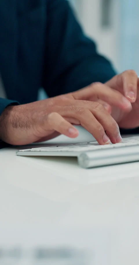 Technology, keyboard and hands of businessman with documents in office for Stock Footage 327905933