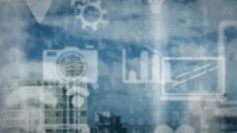 Technology layer fading in over skyline, pulsing icons and sweeping light, Stock Footage 329904673