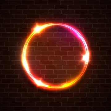 Technology light background. Neon circle on brick. Stock Illustration