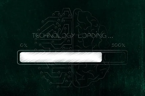 Technology loading progress bar with half human half artificial intelligence  Illustrazione stock
