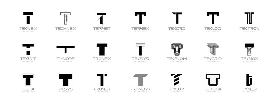 Technology Logo Set Letter T Monogram Collection Letters, Techno Startup Signs Stock Illustration