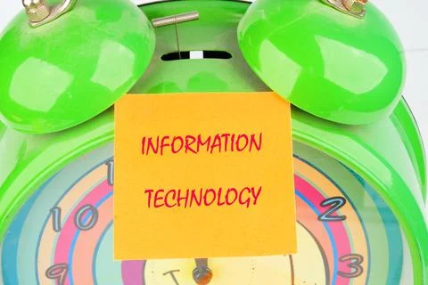 Technology Management word INFORMATION TECHNOLOGY close-up, on a yellow stick Stock Photos
