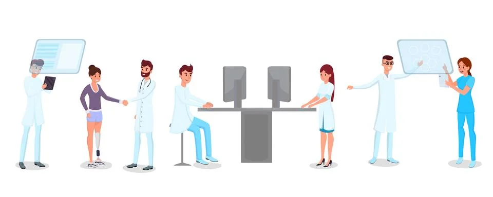 Technology in medicine vector illustrations set. Young doctors, nurses, medics Stock Illustration