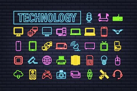 Technology neon icon on dark background. Information technology. Digital Illustrazione stock
